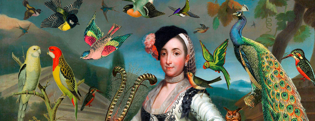 Stunning art print of a woman surrounded by birds and botanicals.