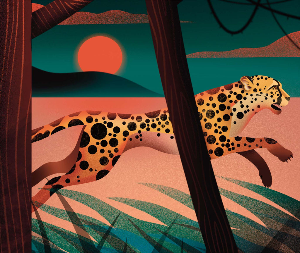 Vibrant art image of a cheetah sprinting through a forest.