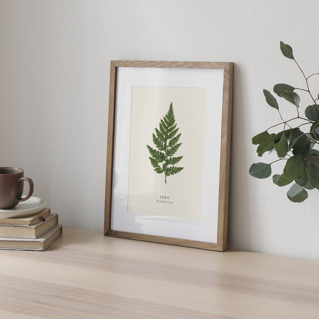 Book and botanics wall art print of a fern, leaning against a wall.