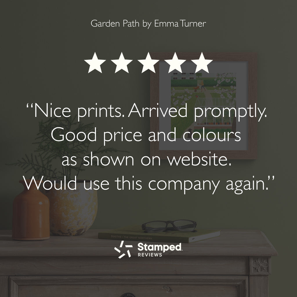 Review by customer. Review reads "Nice prints. Arrived promptly. Good price and colours as shown on website. Would use this company again."