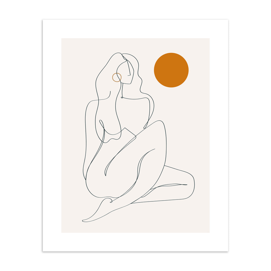 Art print containing clever line work creating the female form, accompanied by a splash of bright orange colour.
