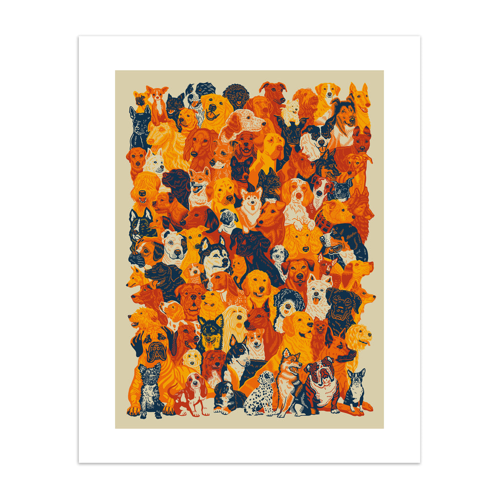 Art print containing an Illustration of 93 dogs in orange, black and white.