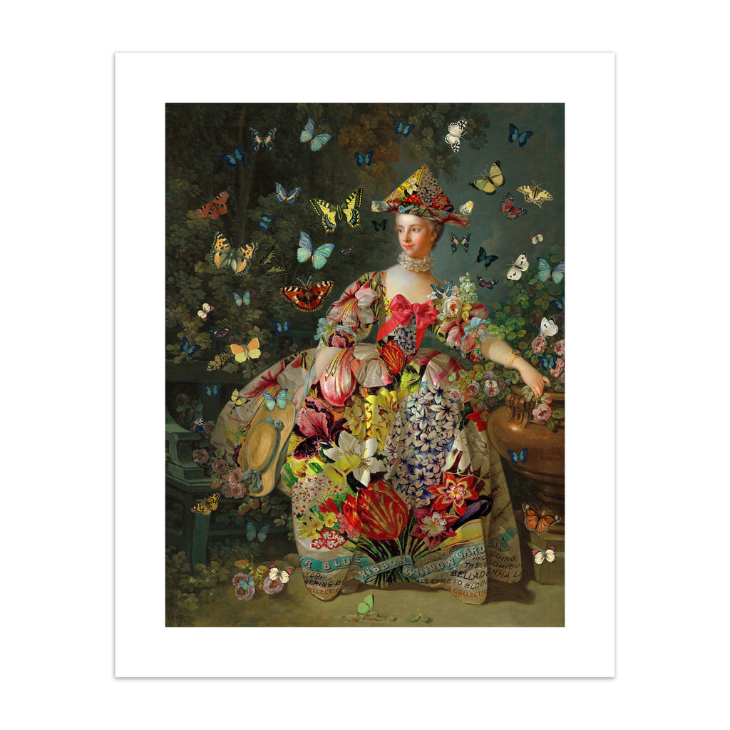Stunning art print featuring a vast array of colourful butterflies fluttering around an eccentrically dressed woman.