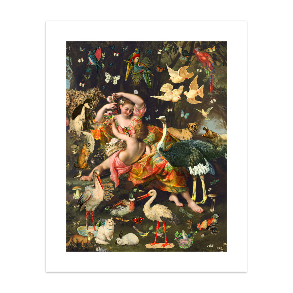 Stunning 'Pop-Surrealist' art print featuring botanicals and animals fluttering around a woman and a child.