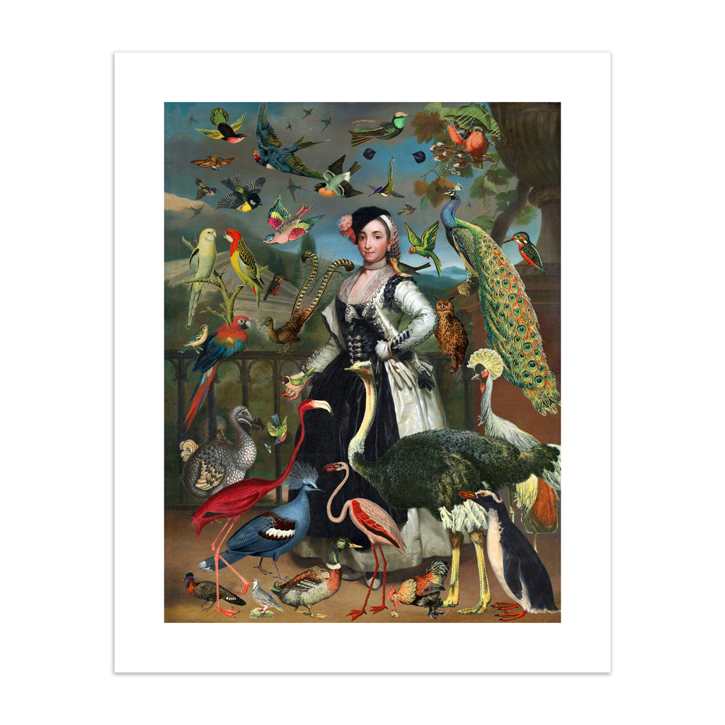 Stunning 'Pop-Surrealist' art print featuring a vast array of different birds flocking around an elegant woman. 