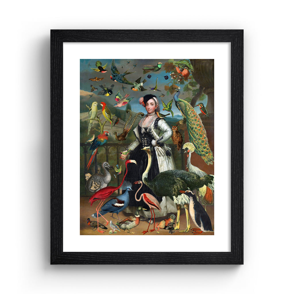 Stunning 'Pop-Surrealist' art print featuring a vast array of different birds flocking around an elegant woman. Art print is in a black frame.