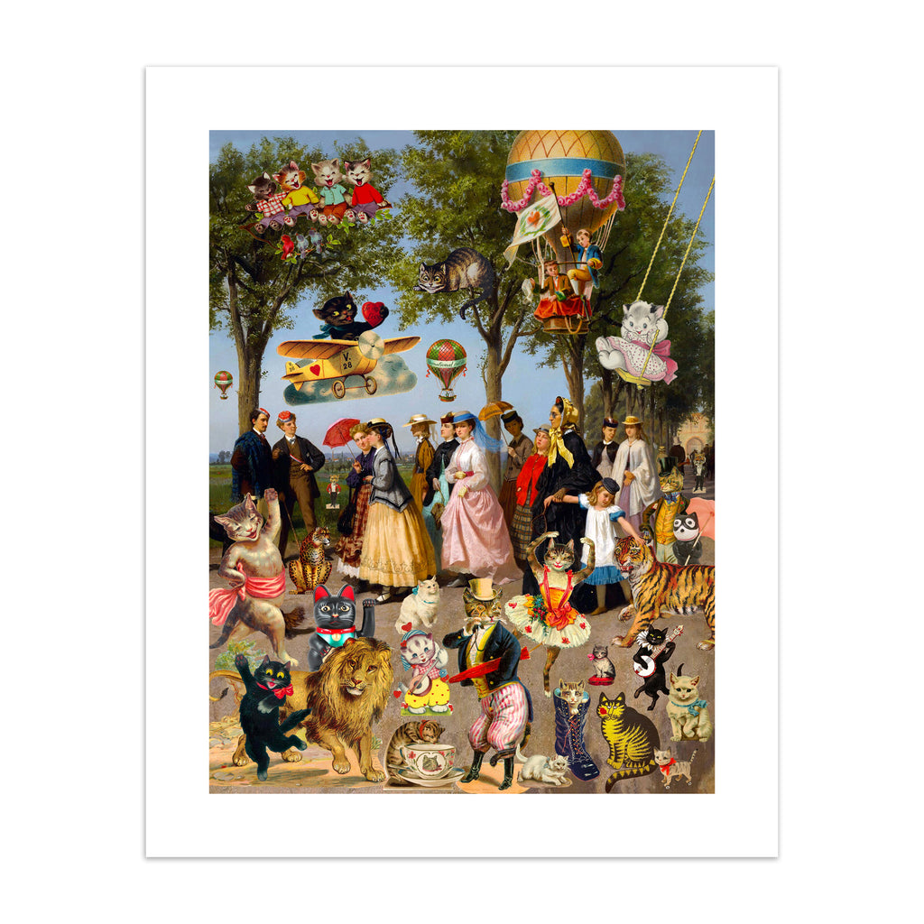 Stunning 'Pop-Surrealist' art print featuring a picnic spread of cats, people and playful characters on a bright summer day.