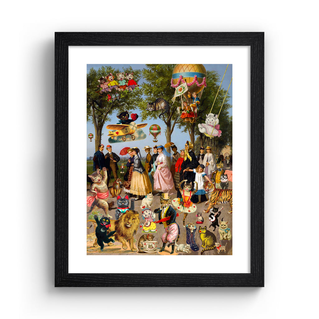 Stunning 'Pop-Surrealist' art print featuring a picnic spread of cats, people and playful characters on a bright summer day. Art print is in a black frame.