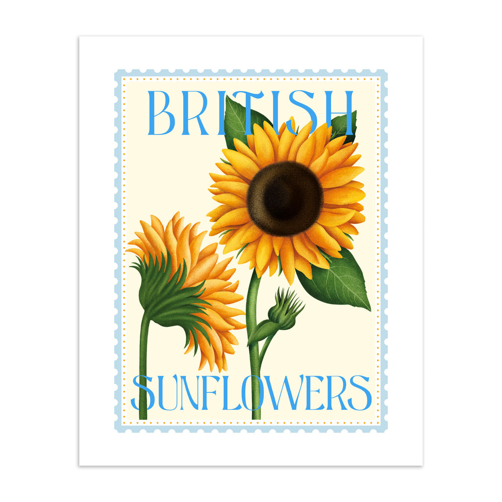 Sunflower art print featuring summery flowers and the text 'British Sunflowers'.