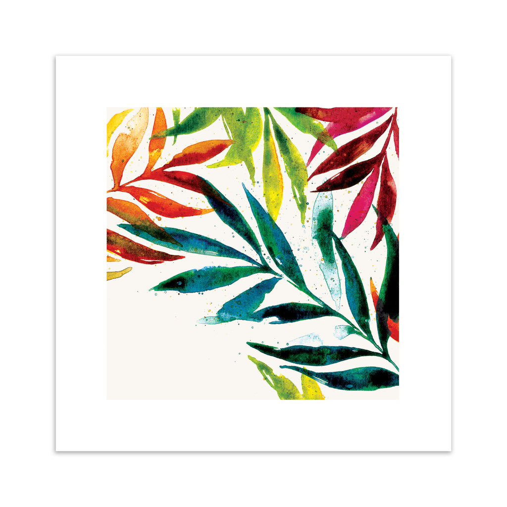 A watercolour art print of colourful leaves.