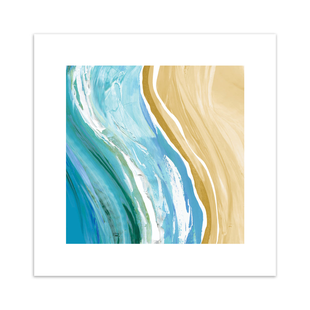 Art print featuring a watercolour scene of waves next to a beach.