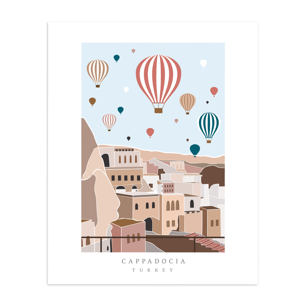 Art print featuring the famous hot air balloons floating over Cappadocia in Turkey.