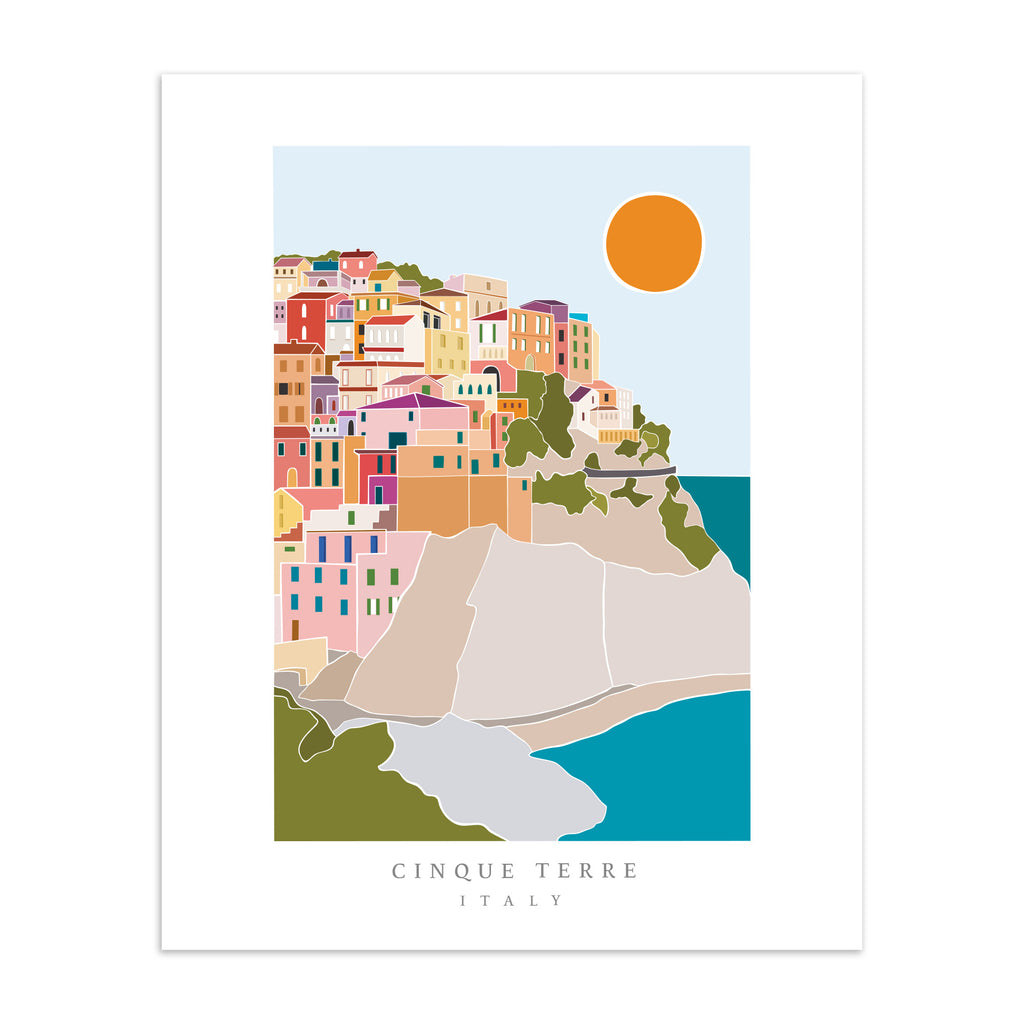 Art print of Cinque Terre in Italy, a beautiful town near the sea.