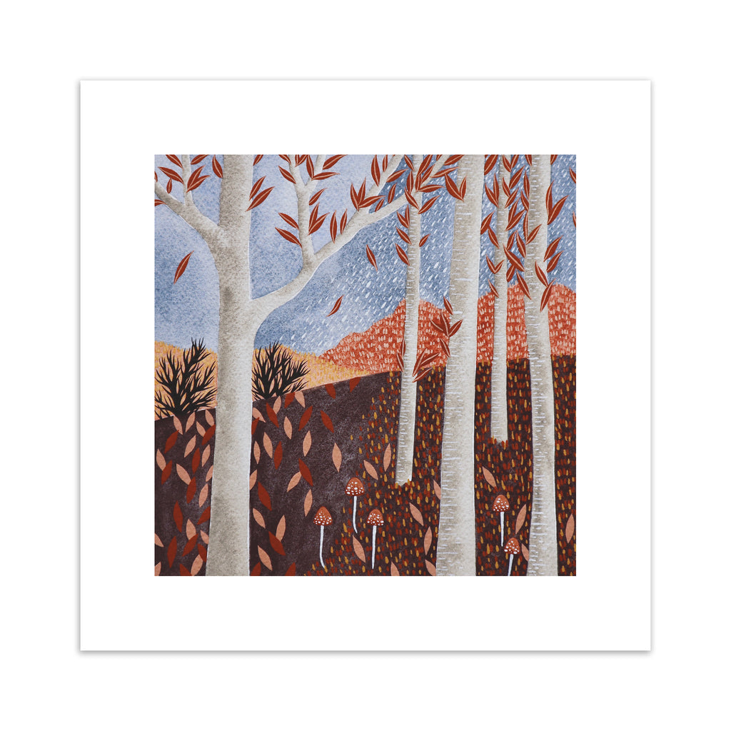 Art print of an Autumnal forest on a clear blue day.