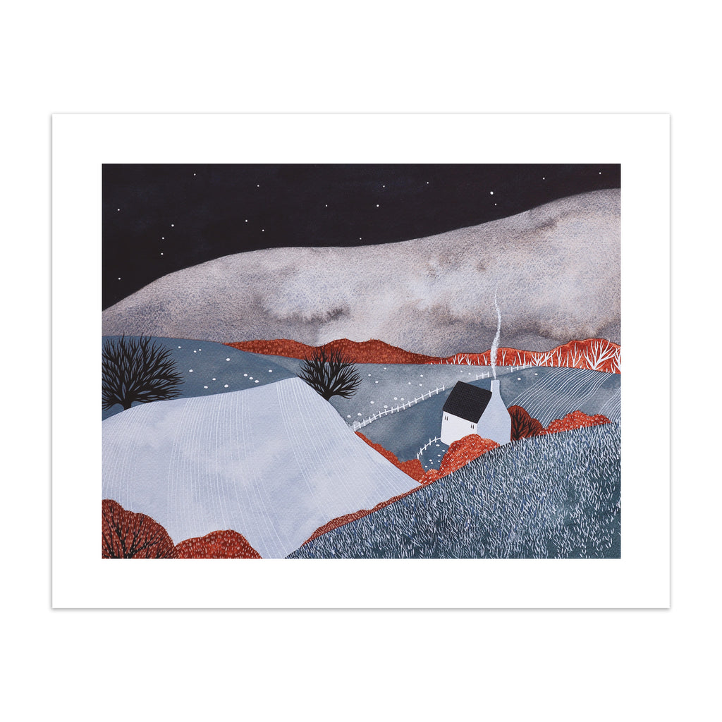 Art print of a cosy white house nestled in the Autumnal countryside at night.