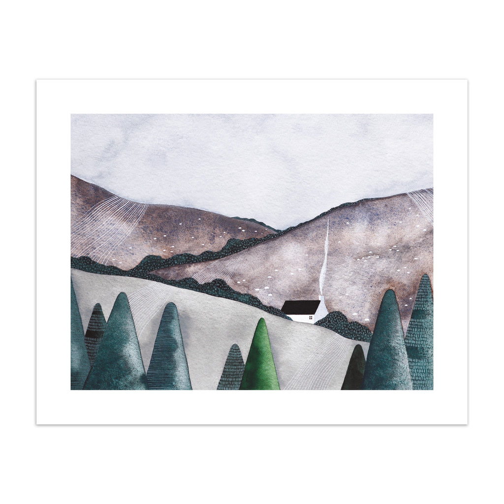 Art print featuring a white house nestled in the countryside, surrounded by green forest.