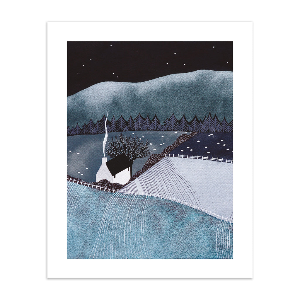 Art print featuring a cosy home in blue midnight countryside fields.