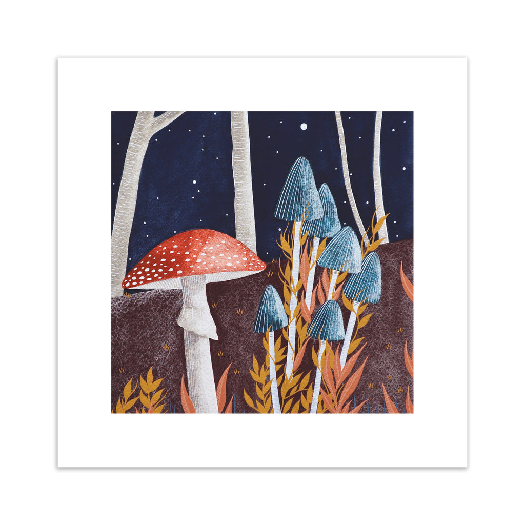 Art print of mushrooms growing in a dark Autumnal forest.