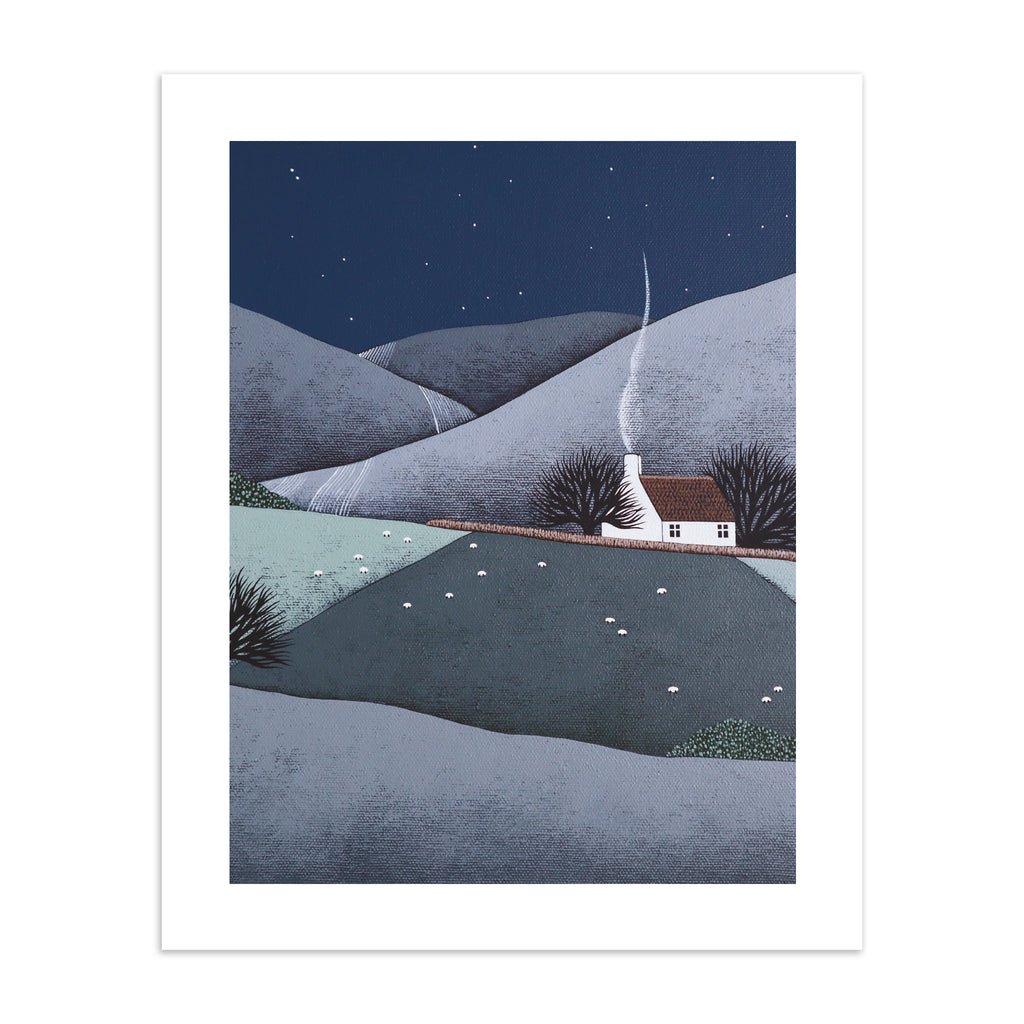 Art print featuring a cosy home nestled in rolling midnight hills in the evening countryside. 