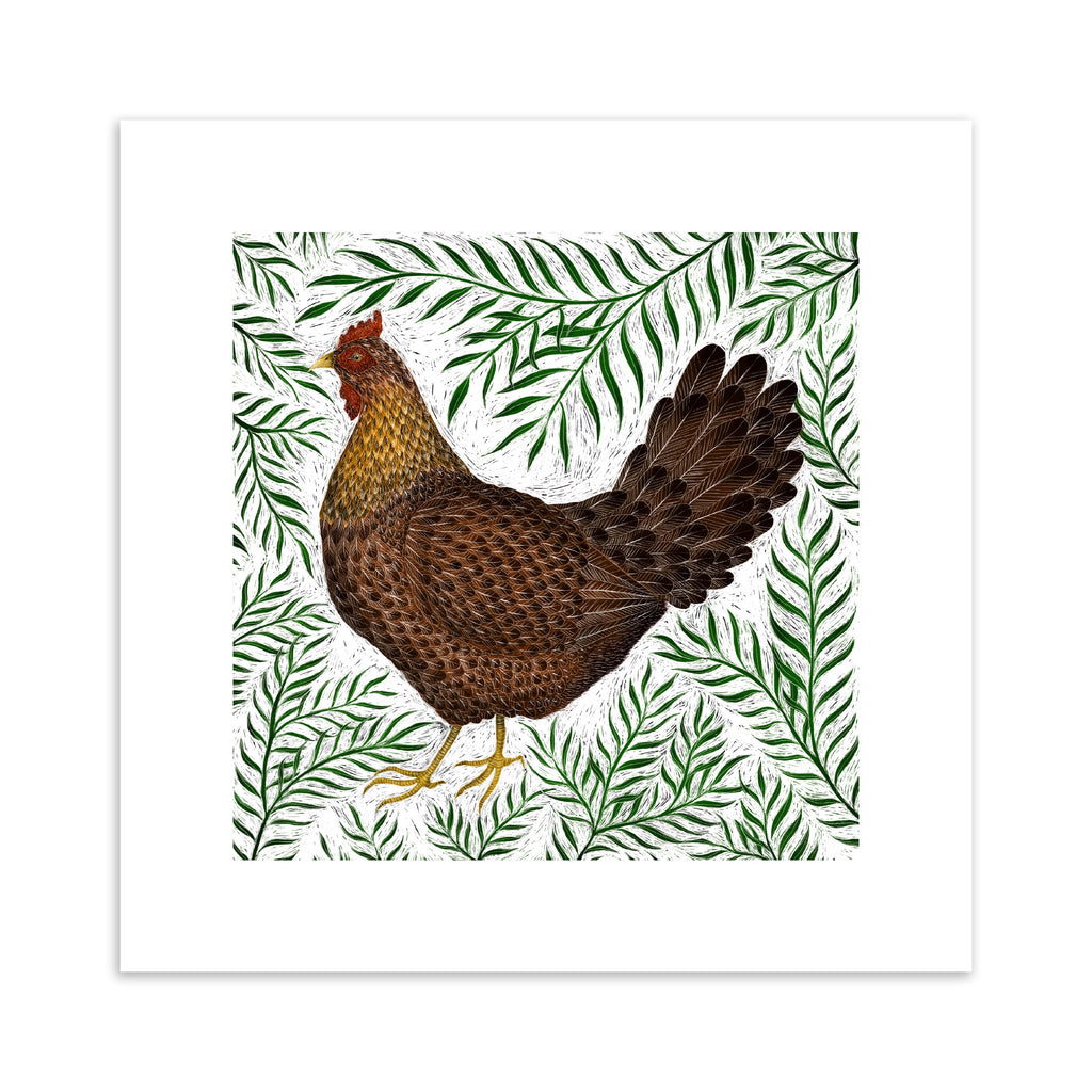 Art print featuring an illustration of a chicken surrounded by green leaves.