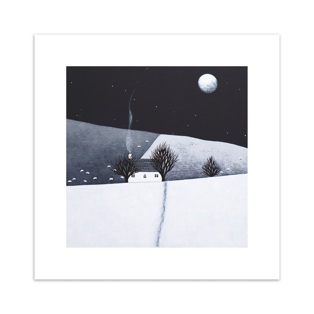 Art print of a cosy home in a wintery moonlit field.