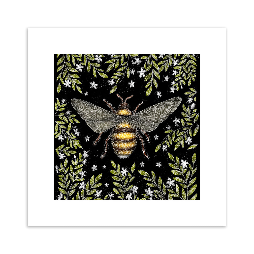Art print featuring an English bumblebee surrounded by green leaves and white flowers on a black background.