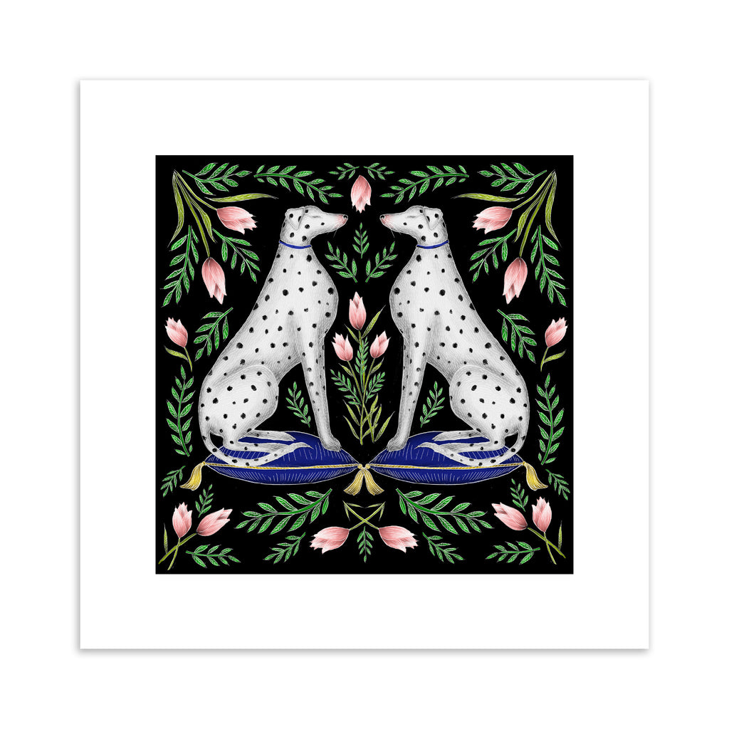 Art print features a detailed illustration of symmetrical spotted dogs surrounded by pink tulips. 