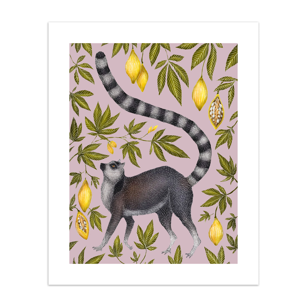 Art print of a lemur surrounded by leaves and fruits on a pink background.