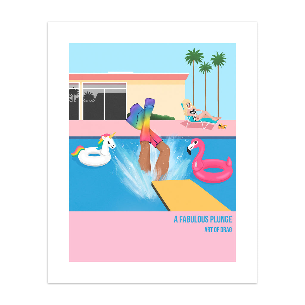 Reimagined art print featuring a Drag Queen plunging into a pool, wearing rainbow boots.