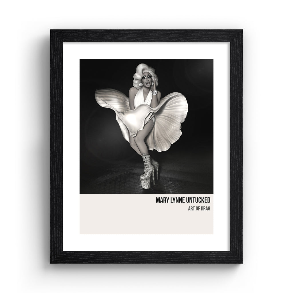 Reimagined classical art print featuring a Drag Queen recreating an iconic shot of Marilyn Monroe, in a black frame.
