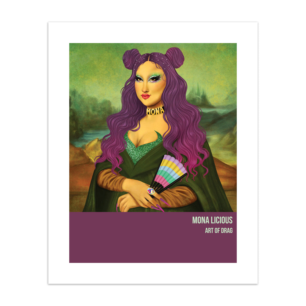 Reimagined classical art print featuring a Drag Queen posing as 'Mona Lisa'.