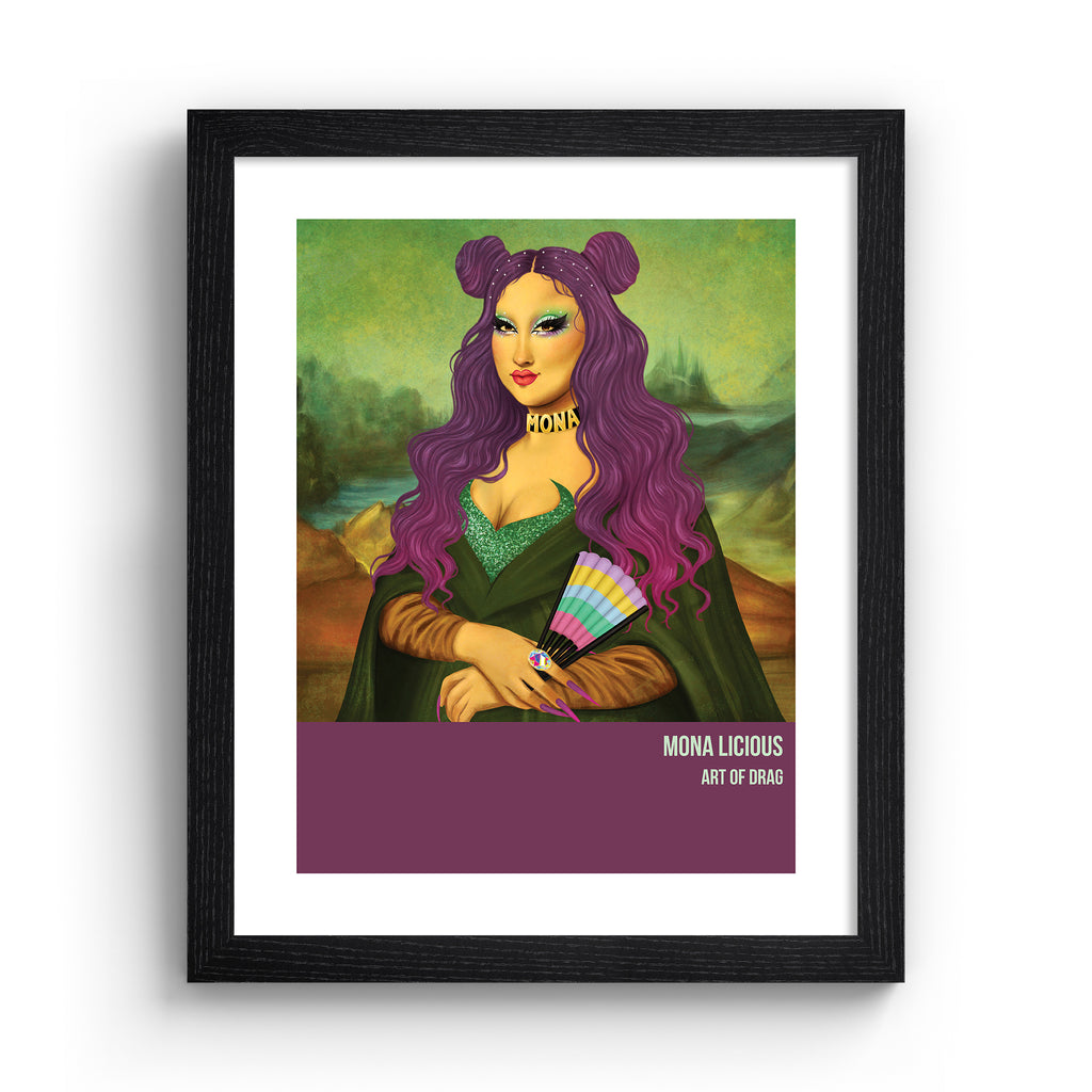 Reimagined classical art print featuring a Drag Queen posing as 'Mona Lisa', in a black frame.