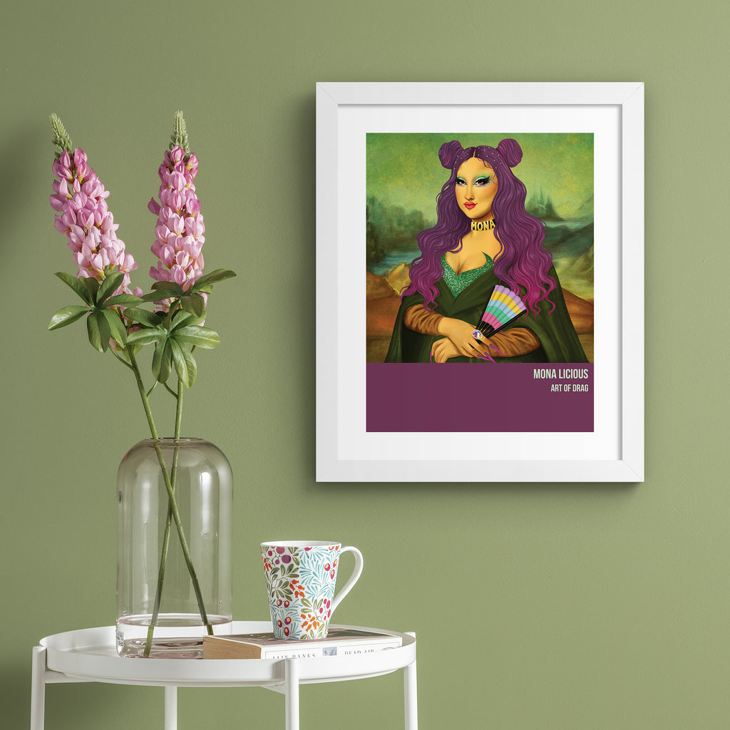 Reimagined classical art print featuring a Drag Queen posing as 'Mona Lisa', hung up on a green wall.