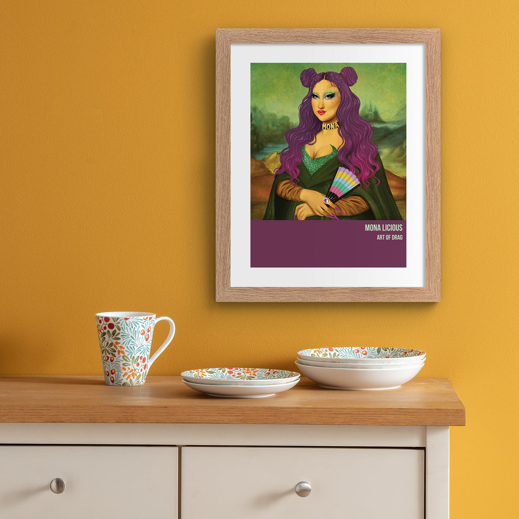 Reimagined classical art print featuring a Drag Queen posing as 'Mona Lisa', hung up on an orange wall.