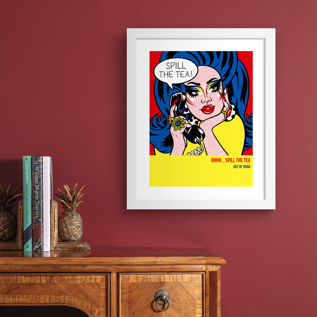 Reimagined art print featuring a Drag Queen in 'pop art' style, hung up on a red wall.