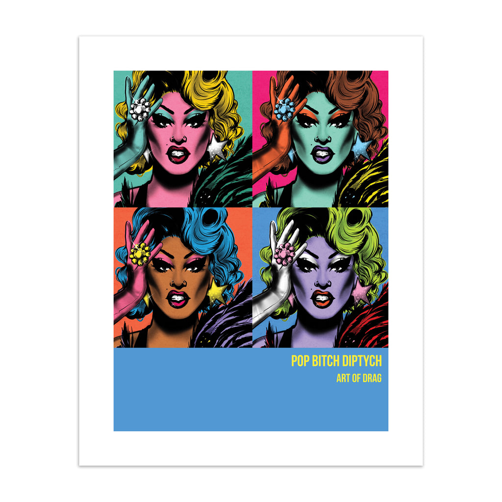 Reimagined art print featuring a Drag Queen in 'pop art' style, in four colourways.