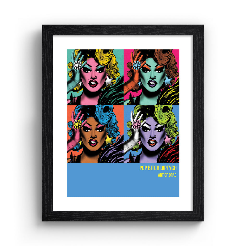 Reimagined art print featuring a Drag Queen in 'pop art' style, in four colourways, in a black frame.