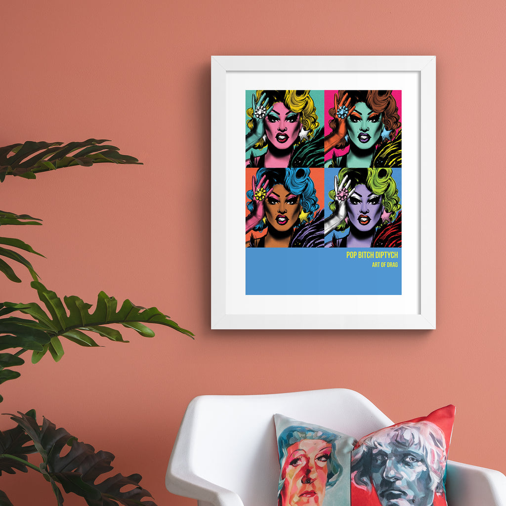 Reimagined art print featuring a Drag Queen in 'pop art' style, in four colourways, hung up on a pink wall.