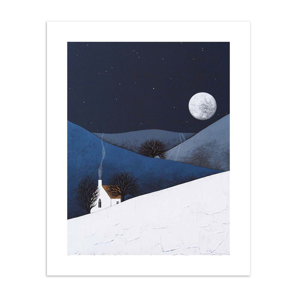 Stunning nature art print featuring a moon rising on a wintery landscape.