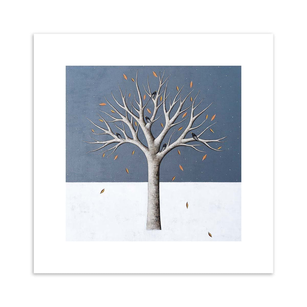Stunning nature art print featuring a tree standing alone in the snow on a wintery landscape.