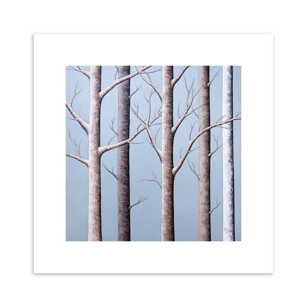 Stunning nature art print featuring a wintery forest, against a brilliant blue sky. 
