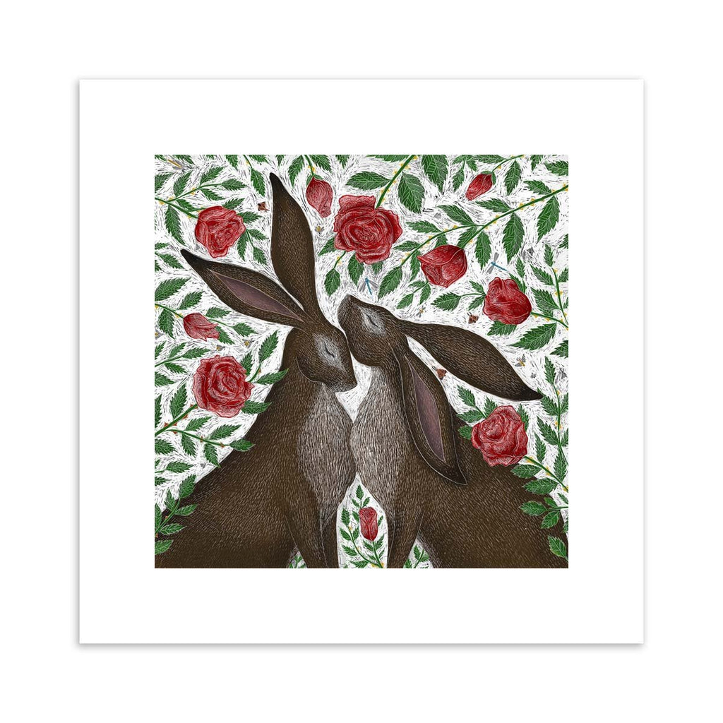 Art print featuring two hares standing in a patch of blooming roses.  