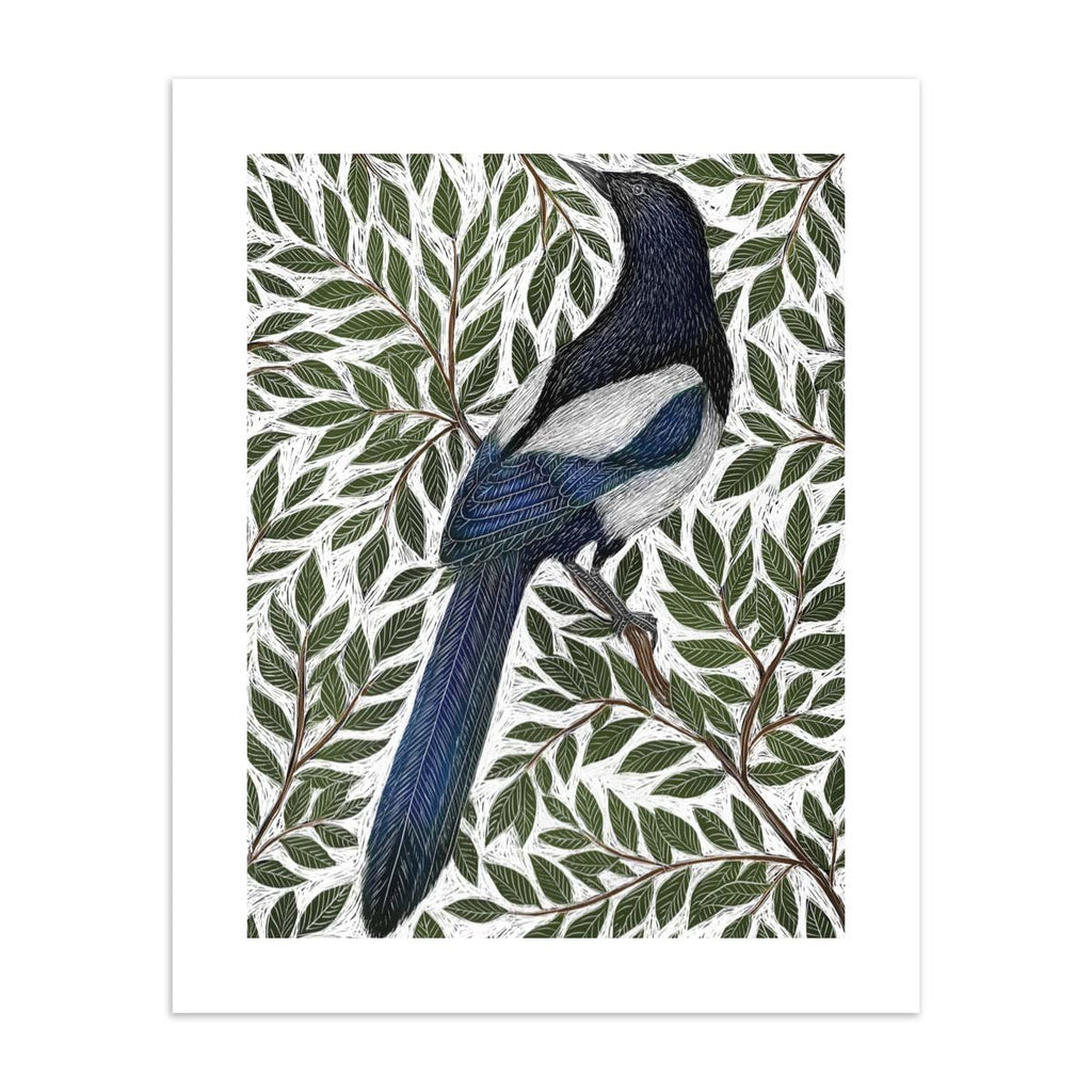 Nature art print featuring a detailed illustration of a magpie surrounded by green leaves and branches.