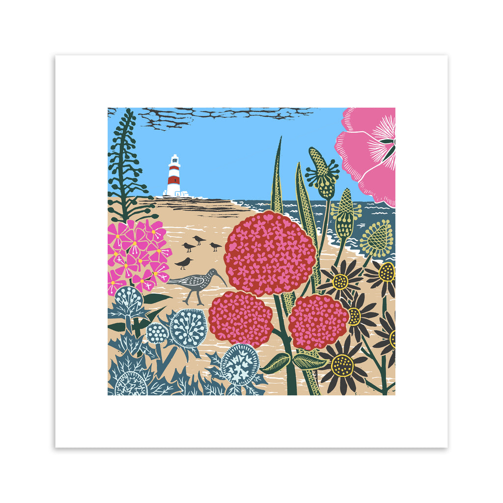 Bright seaside art print featuring flowers, birds and a lighthouse in the distance. 