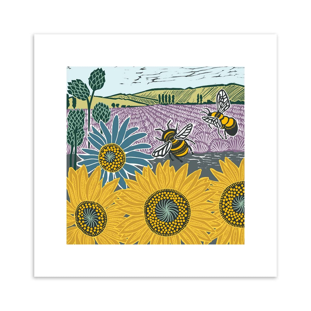 Nature art print featuring bees, sunflowers and fields of lavender.