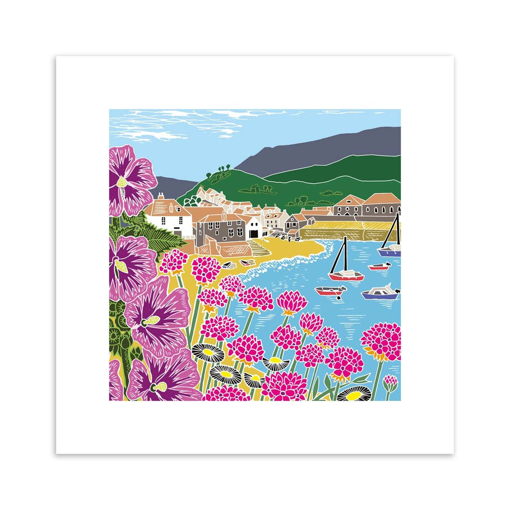 Colourful nature art print featuring a coastal scene of a seaside town, the beach and blooming botanicals.