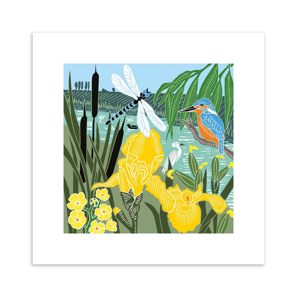 Beautiful art print containing a picturesque Summer waterside scene, featuring animals and botanicals frolicking in the greenery. 