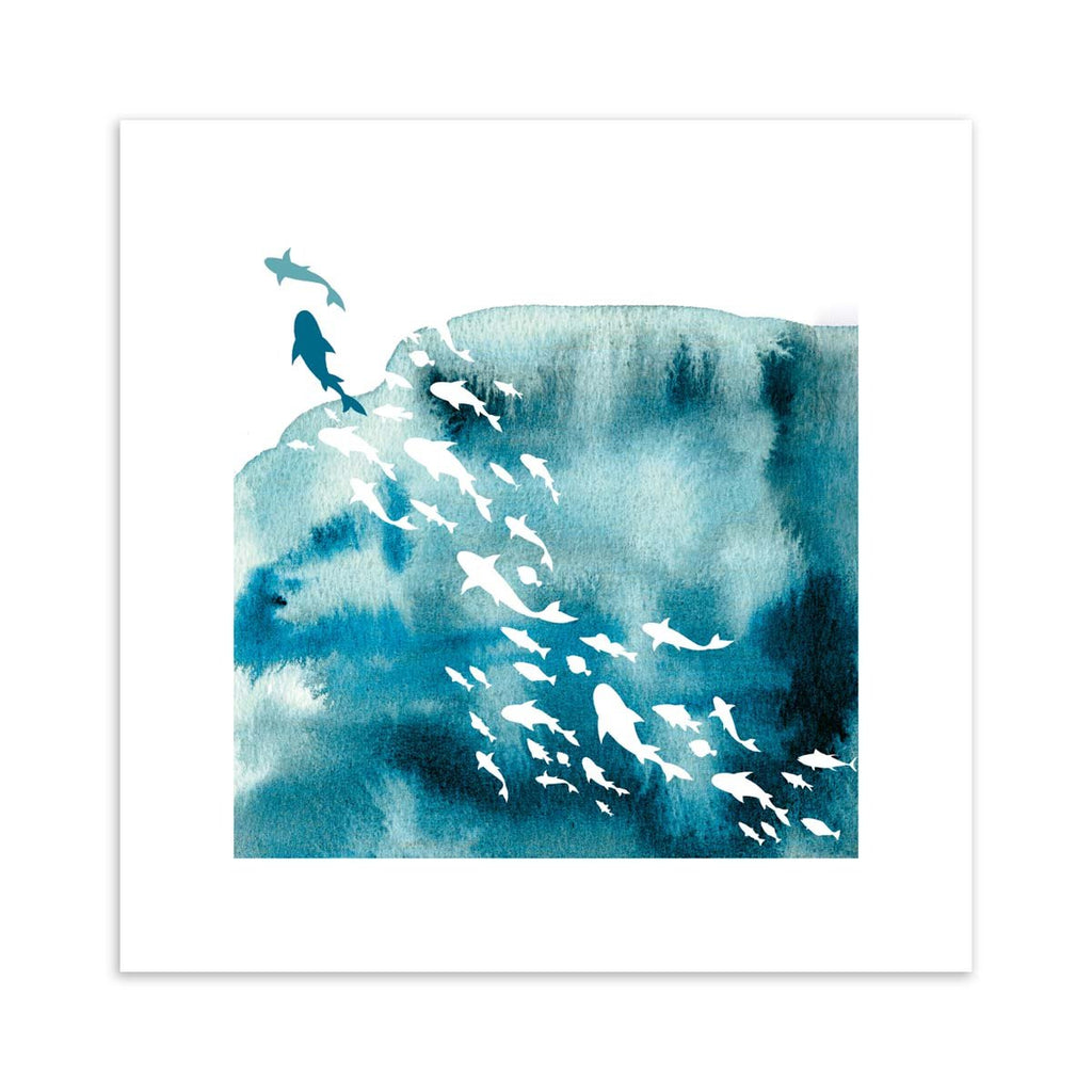 Vibrant watercolour art print featuring the silhouettes of fishes swimming in the ocean.