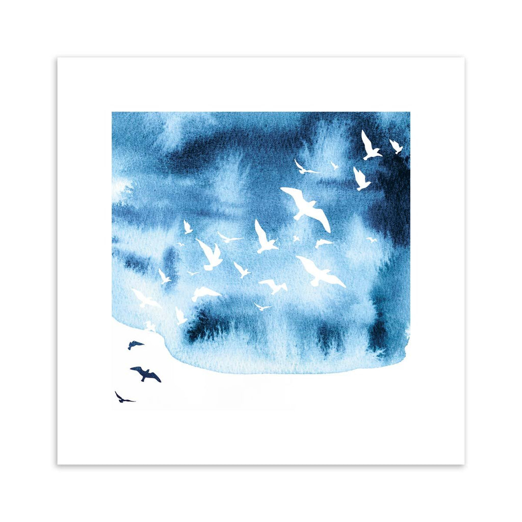 Watercolour art print featuring the silhouettes of birds flying against a brilliant blue sky.