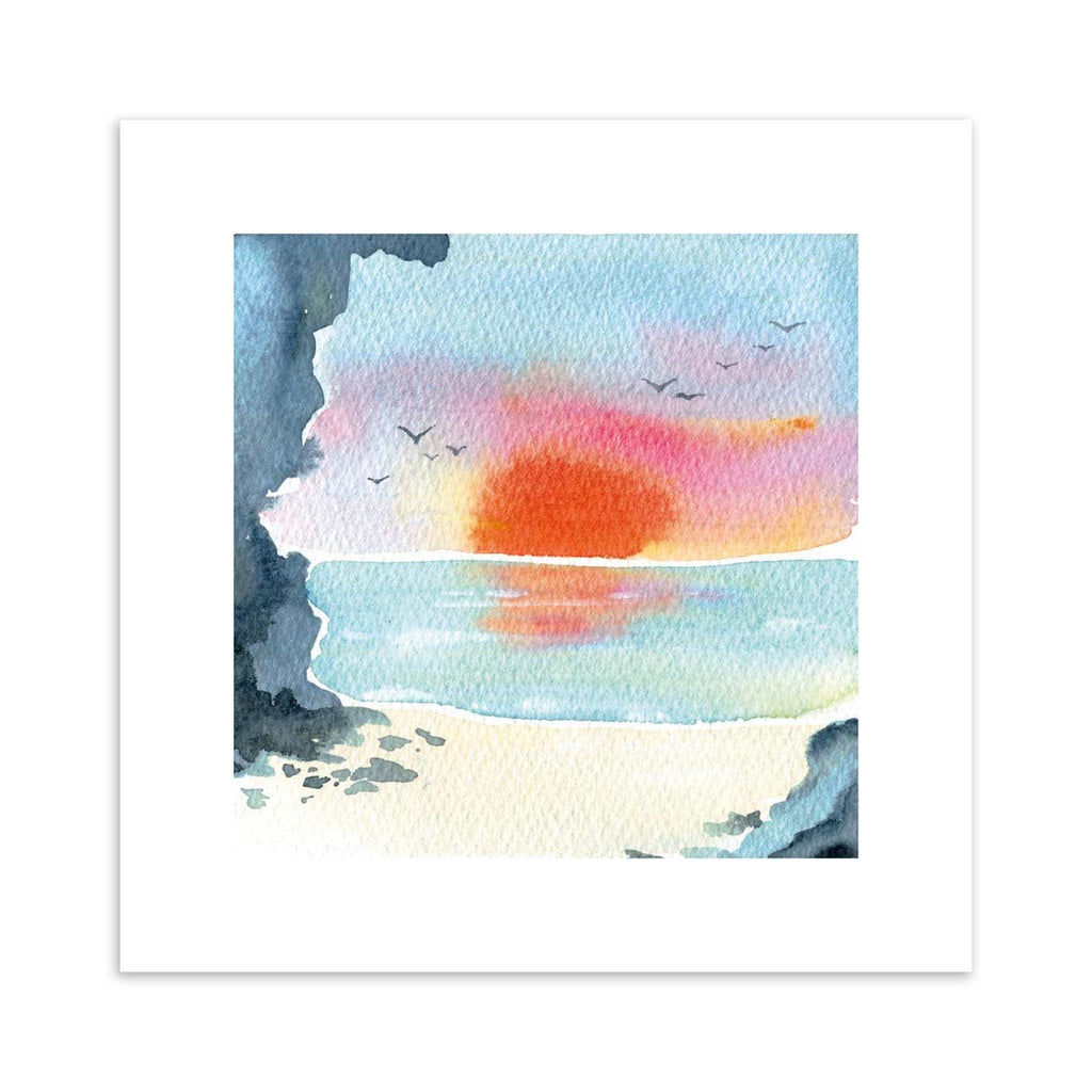 Vibrant watercolour art print featuring a sunset over a coastal scene.
